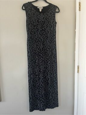 Vintage 90s Black Blue Floral Botanical Embroidered Midi Dress 6 Resort Tropical